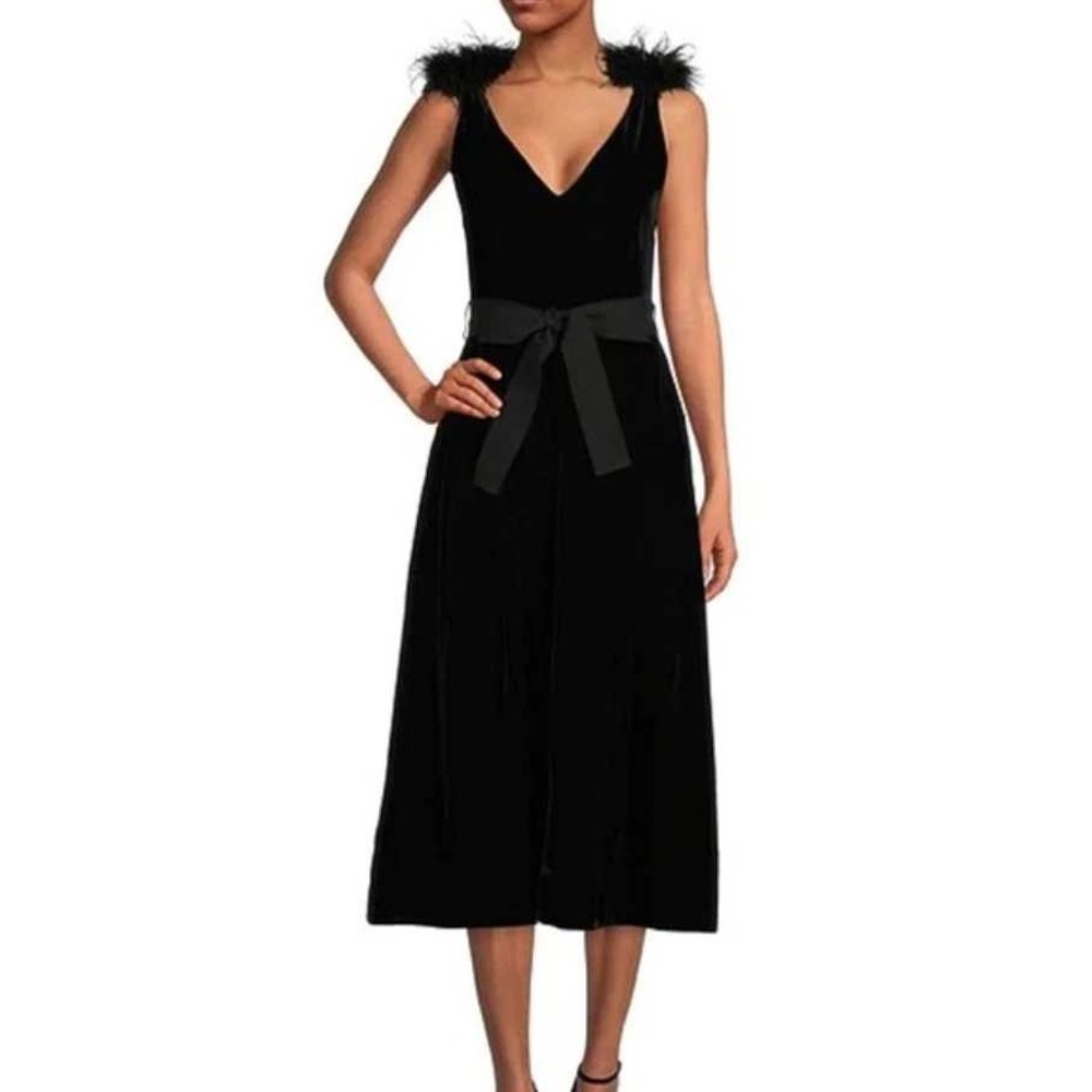 A Loves A Black Velvet V-Neck Midi Dress Feather Shoulder Trim S Glam No Belt